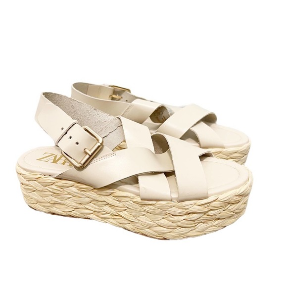 ZARA Braided Leather Flatform Sandals Ivory NWOT